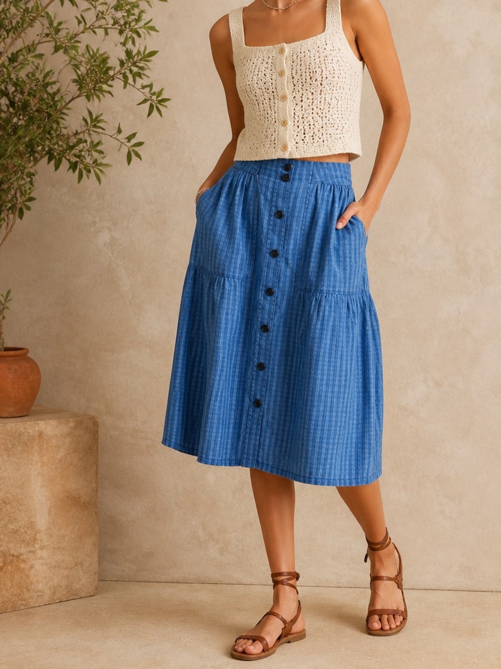 Madewell Button-Front Tiered Midi Skirt in Indigo Gingham Check Skirt